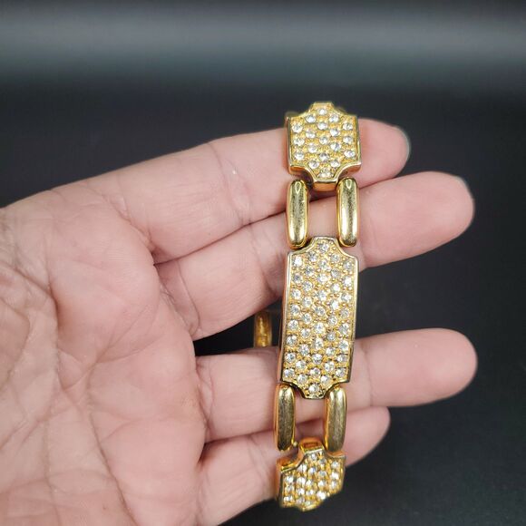 Vintage Napier Gold Tone Rhinestone Link Bracelet Signed Panel Design - Picture 7 of 10
